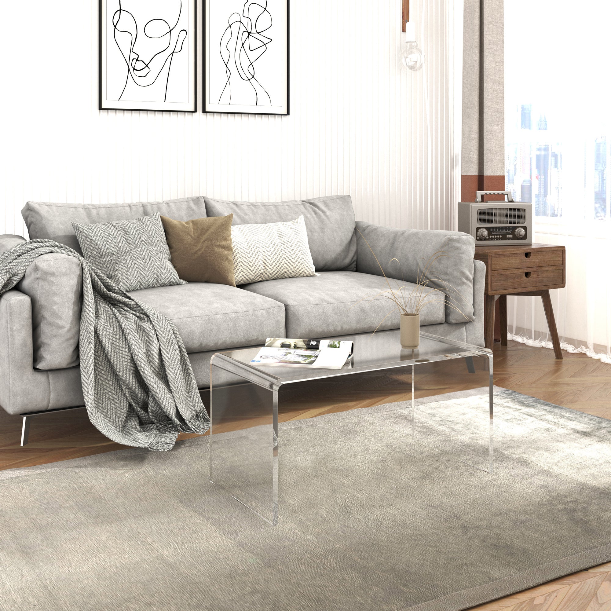 32  Clear Acrylic Coffee Table, 0.5In Thick C-Shape Waterfall End Coffee Table, Multipurpose Lucite Tea Table For Living Room