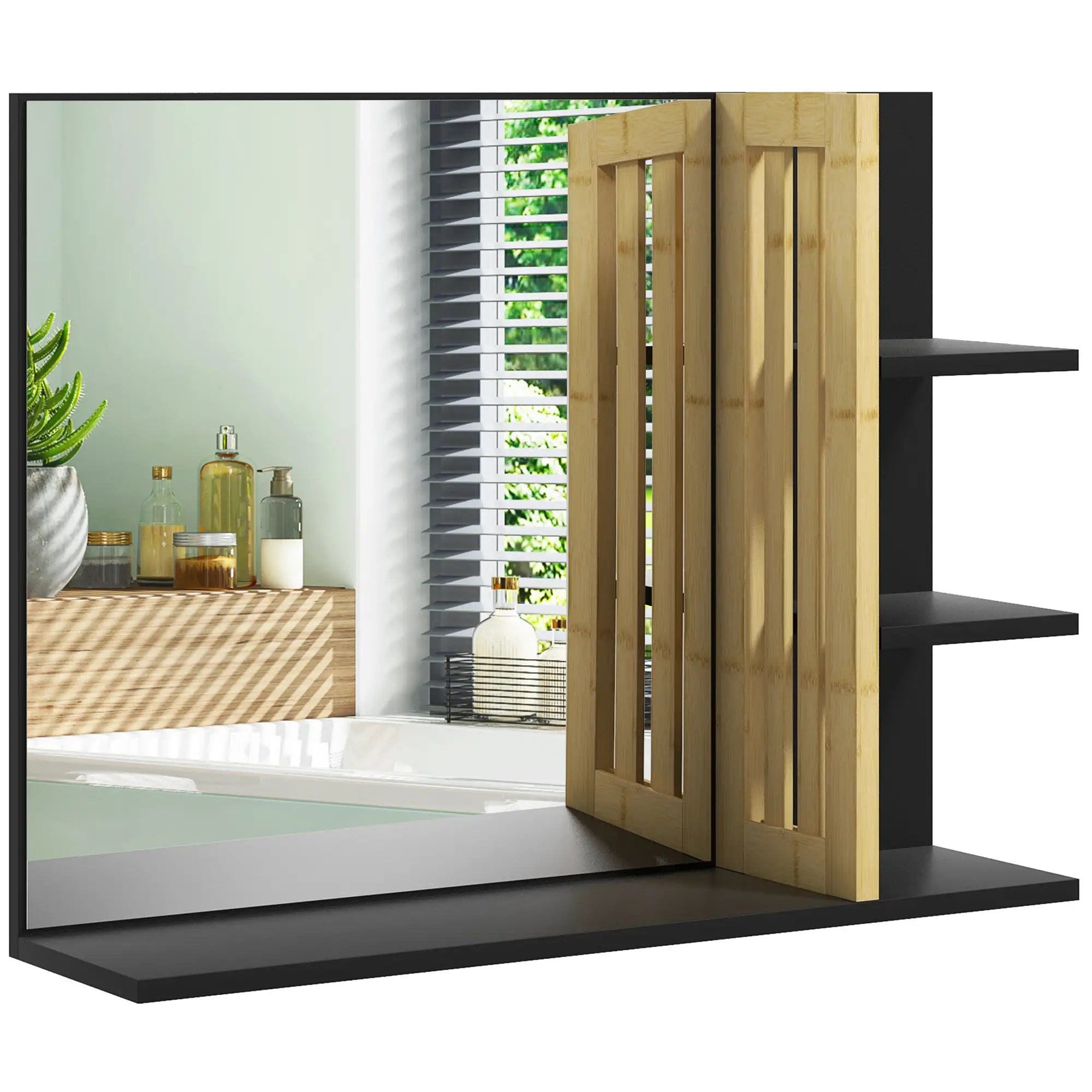 Bathroom Mirror with Shelf, Wall-mounted Makeup Mirror, Modern Vanity Mirror with 4 Storage Shelves for Make Up, Black | HOMCOM-0